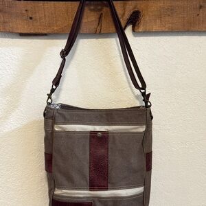 Mona B Crossbody Adjustable Wide Strap Brown canvas Leather Bag